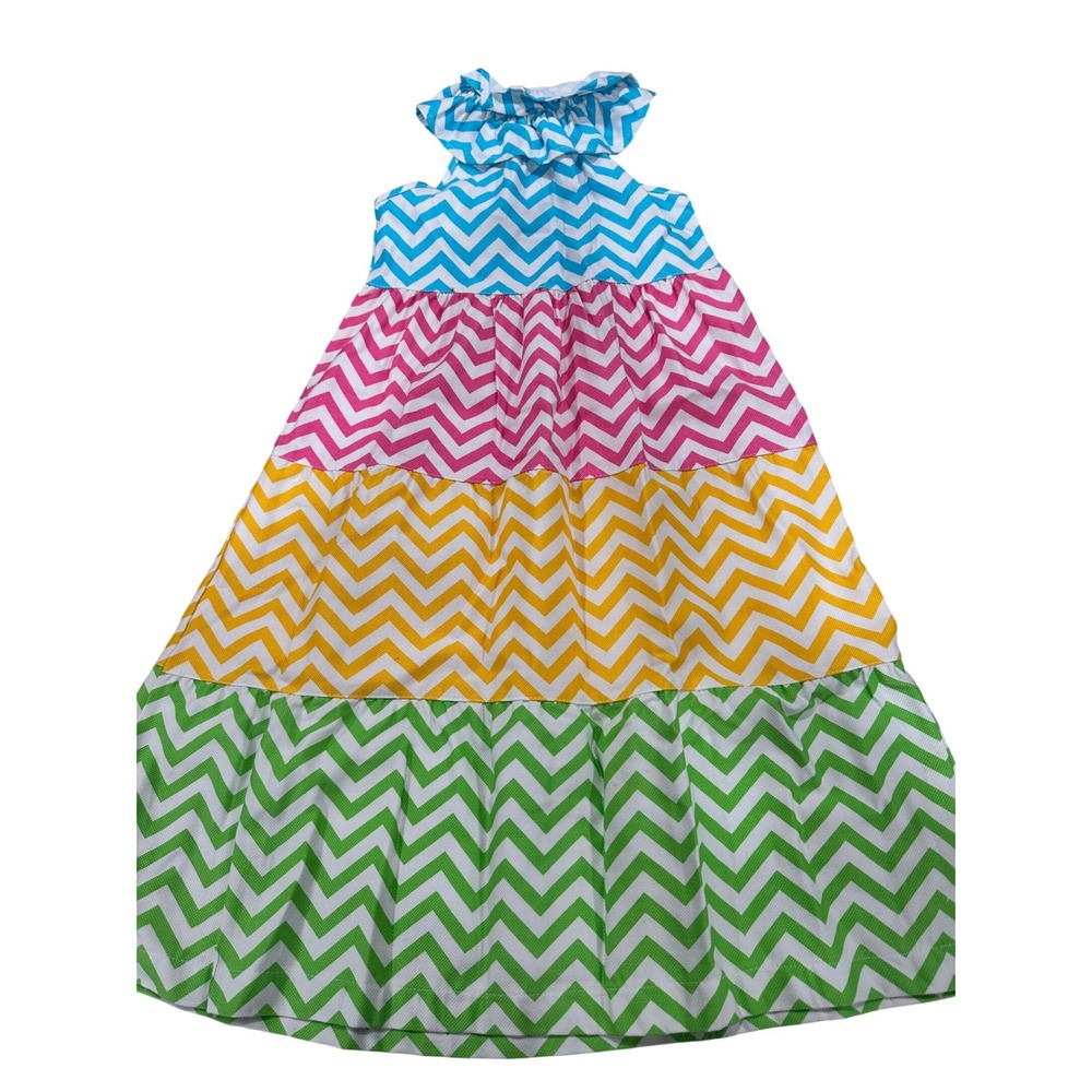 Mud Pie Kids 4T Chevron Tiered Maxi Dress‎ Girls Halter Neck Bright Colors